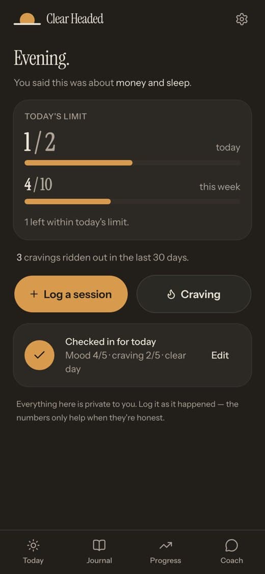 The app's Today screen: one of two sessions used against today's limit, a Log a session button and an evening check-in.